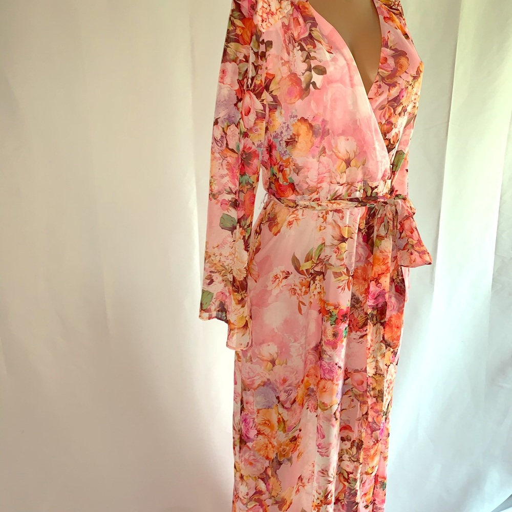 ECI pink Floral print v-neck chiffon Maxi Dress